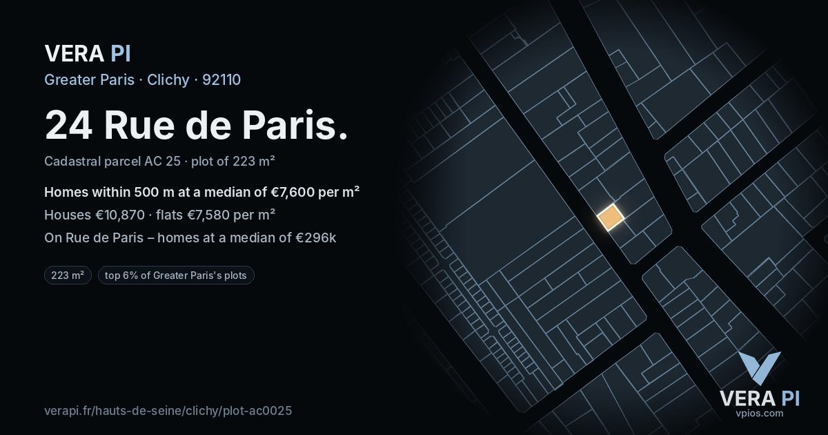 24 Rue de Paris, Clichy at night – the plot lit, the parcels around coloured by the prices near them