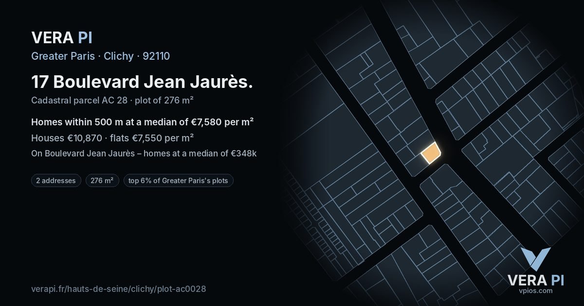 17 Boulevard Jean Jaurès, Clichy at night – the plot lit, the parcels around coloured by the prices near them