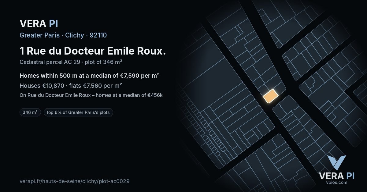 1 Rue du Docteur Emile Roux, Clichy at night – the plot lit, the parcels around coloured by the prices near them
