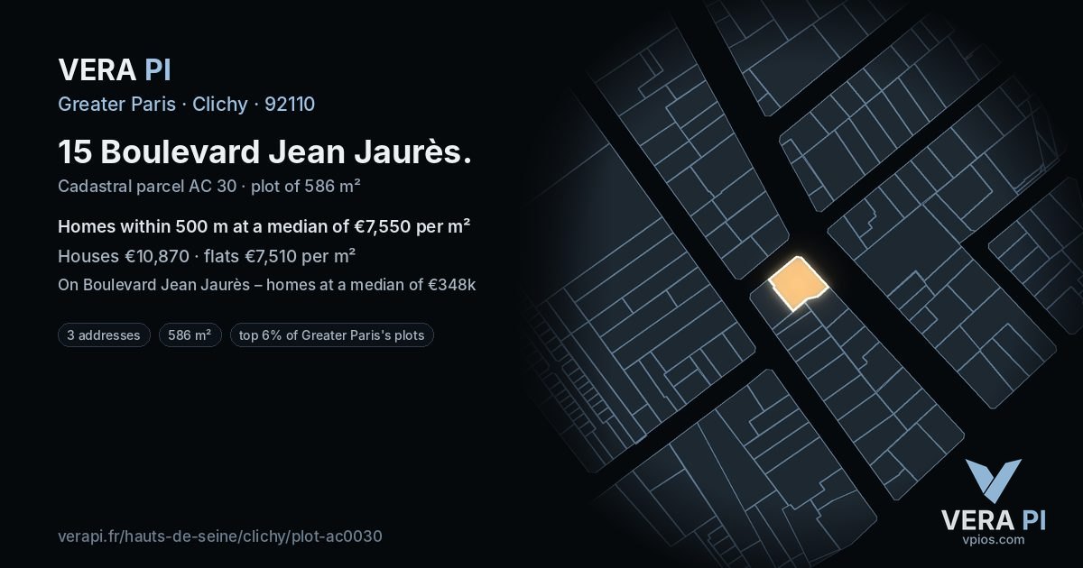 15 Boulevard Jean Jaurès, Clichy at night – the plot lit, the parcels around coloured by the prices near them