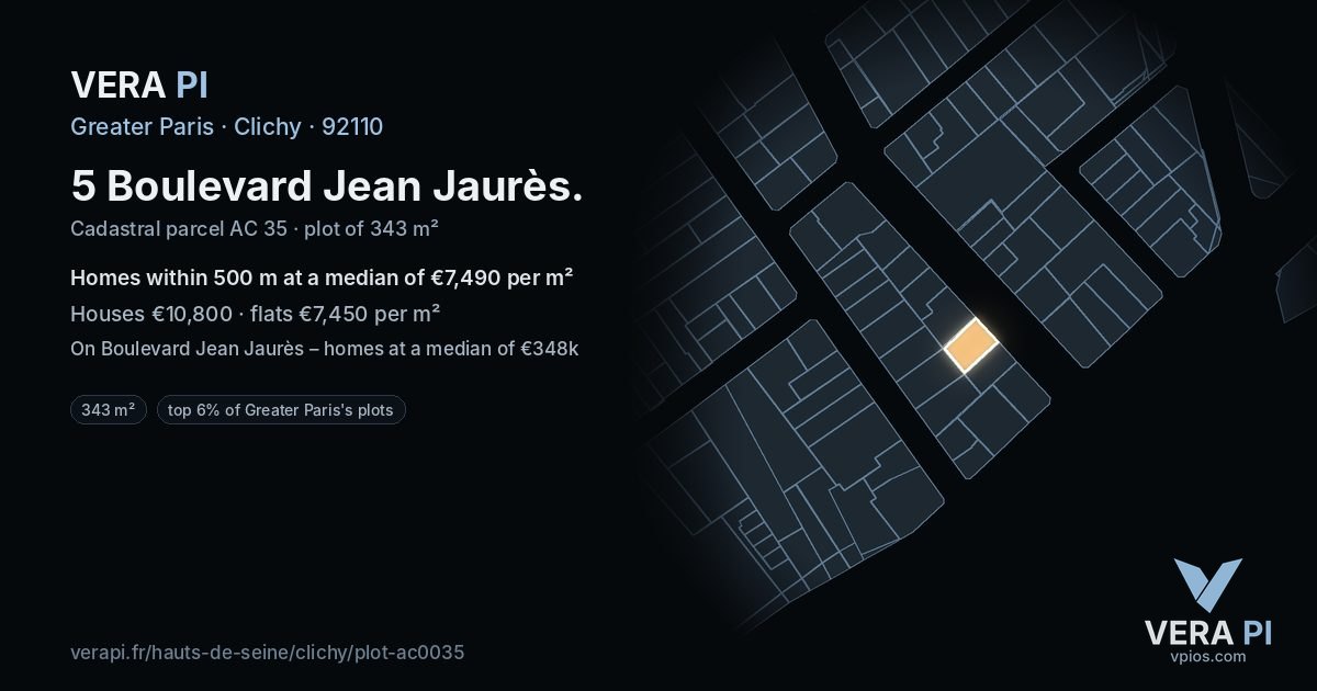 5 Boulevard Jean Jaurès, Clichy at night – the plot lit, the parcels around coloured by the prices near them
