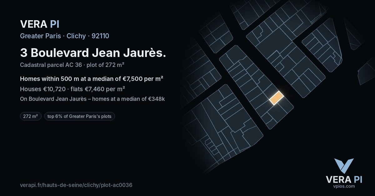 3 Boulevard Jean Jaurès, Clichy at night – the plot lit, the parcels around coloured by the prices near them
