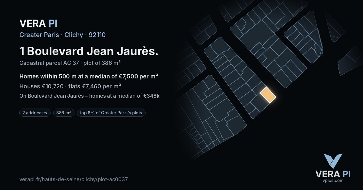 1 Boulevard Jean Jaurès, Clichy at night – the plot lit, the parcels around coloured by the prices near them