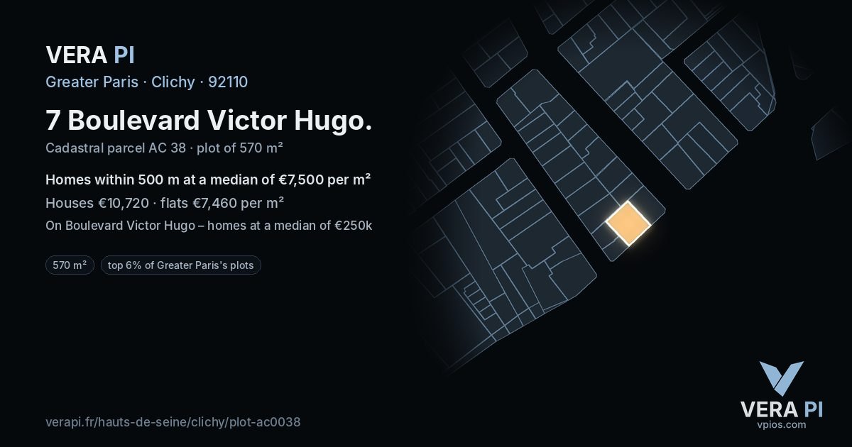7 Boulevard Victor Hugo, Clichy at night – the plot lit, the parcels around coloured by the prices near them