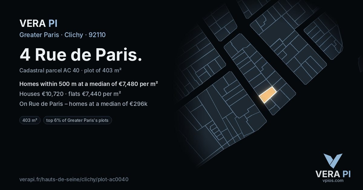 4 Rue de Paris, Clichy at night – the plot lit, the parcels around coloured by the prices near them