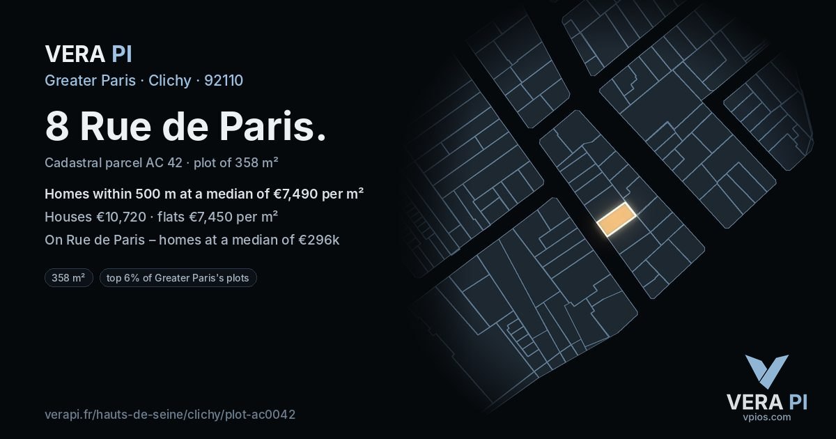8 Rue de Paris, Clichy at night – the plot lit, the parcels around coloured by the prices near them