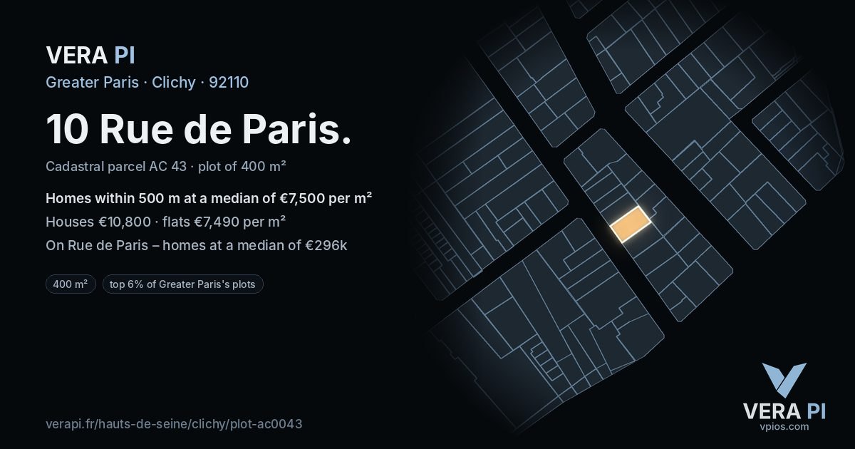 10 Rue de Paris, Clichy at night – the plot lit, the parcels around coloured by the prices near them