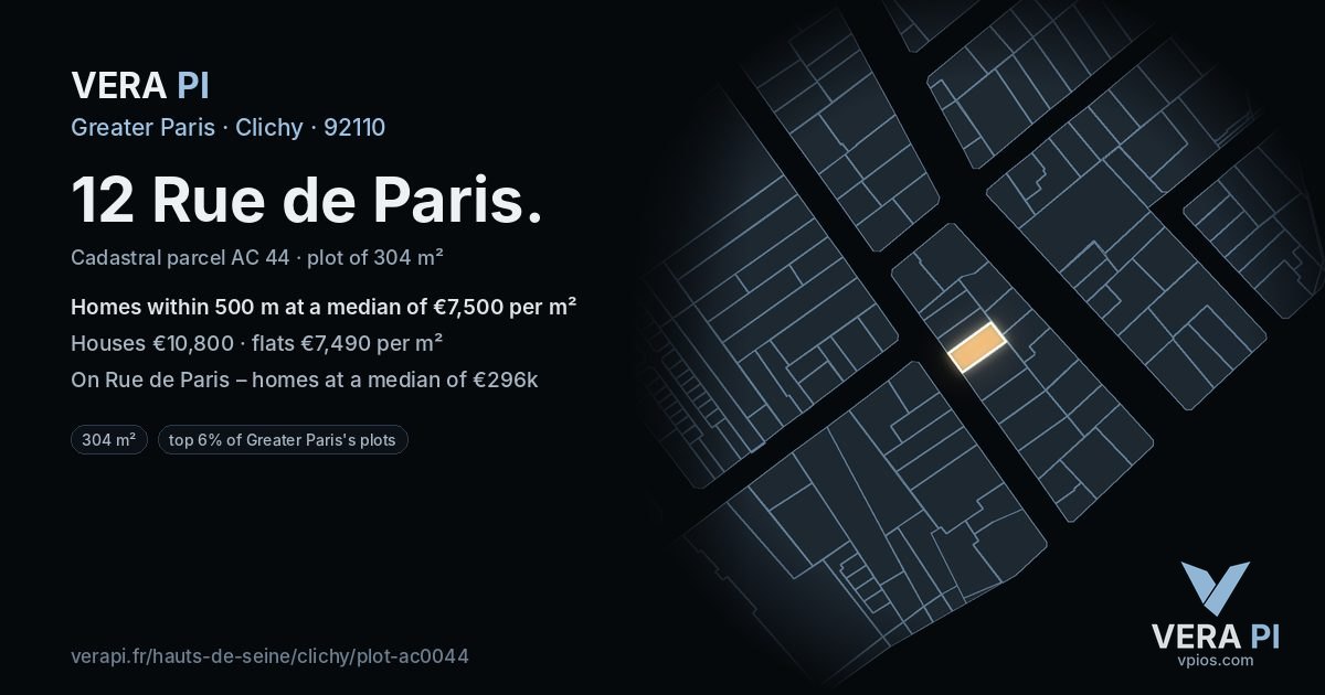 12 Rue de Paris, Clichy at night – the plot lit, the parcels around coloured by the prices near them