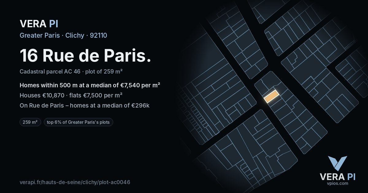 16 Rue de Paris, Clichy at night – the plot lit, the parcels around coloured by the prices near them