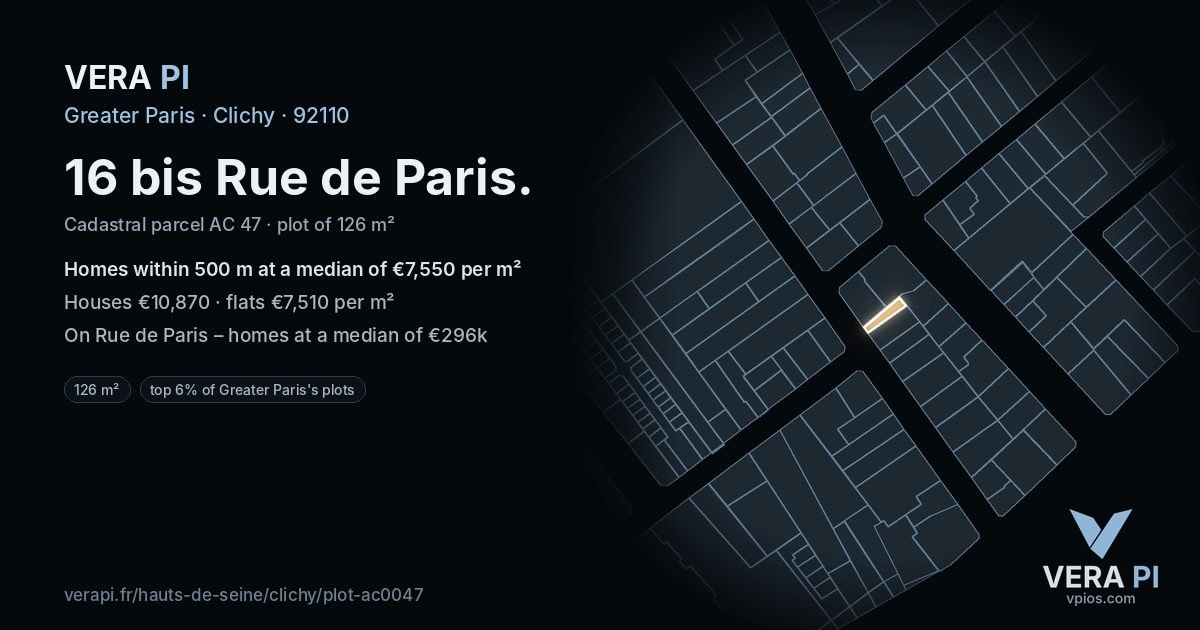 16 bis Rue de Paris, Clichy at night – the plot lit, the parcels around coloured by the prices near them