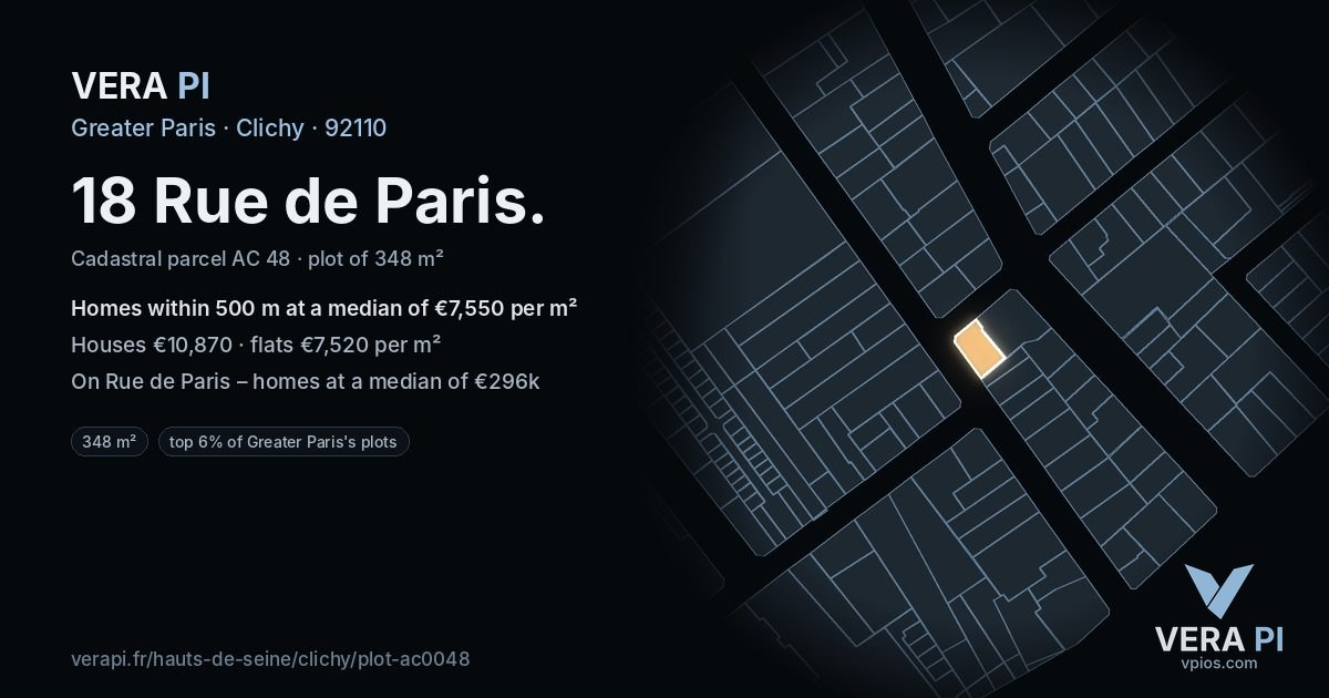18 Rue de Paris, Clichy at night – the plot lit, the parcels around coloured by the prices near them