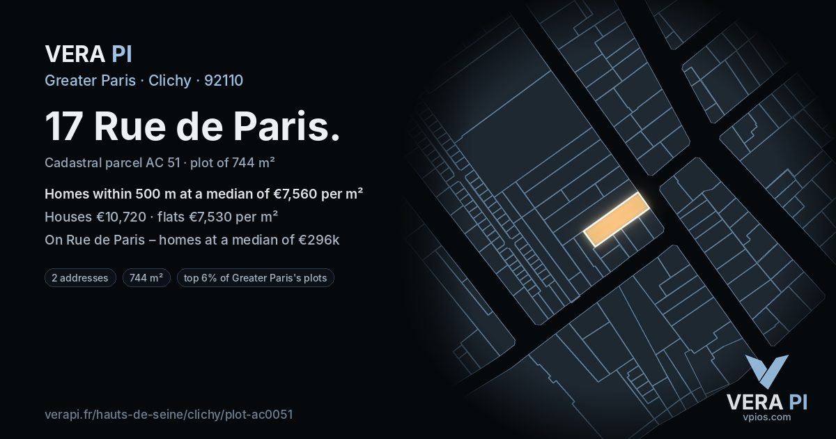 17 Rue de Paris, Clichy at night – the plot lit, the parcels around coloured by the prices near them