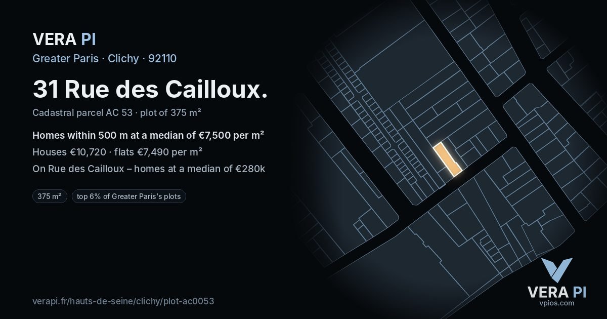 31 Rue des Cailloux, Clichy at night – the plot lit, the parcels around coloured by the prices near them