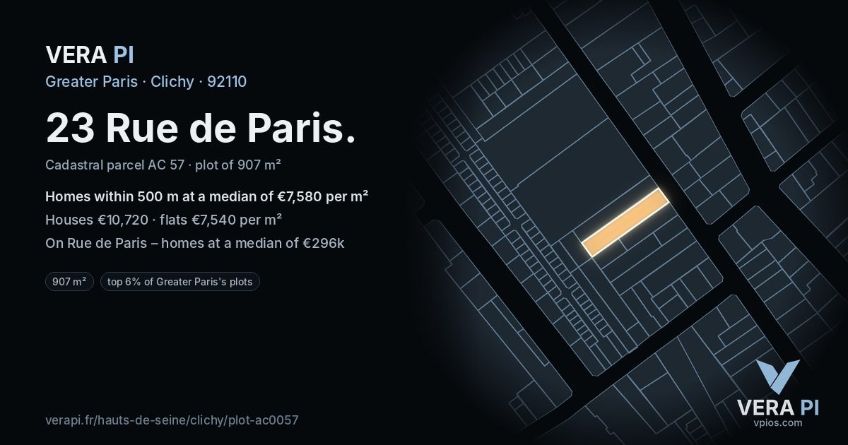 23 Rue de Paris, Clichy at night – the plot lit, the parcels around coloured by the prices near them