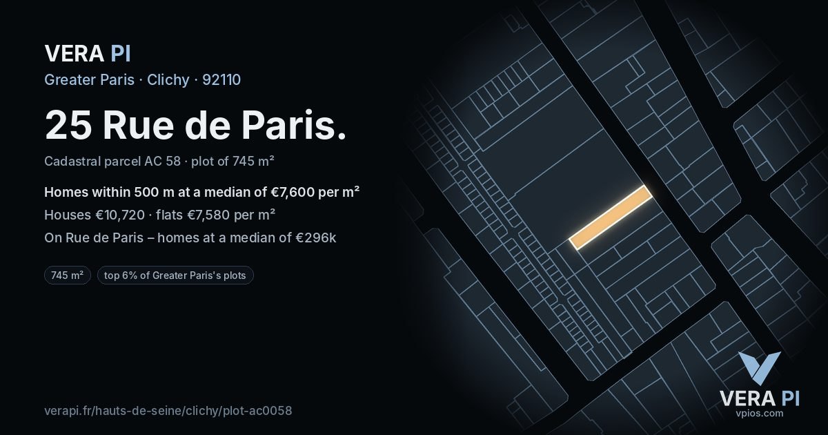25 Rue de Paris, Clichy at night – the plot lit, the parcels around coloured by the prices near them