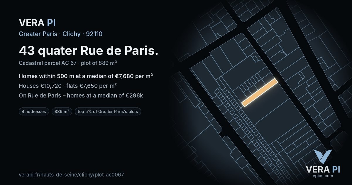 43 quater Rue de Paris, Clichy at night – the plot lit, the parcels around coloured by the prices near them