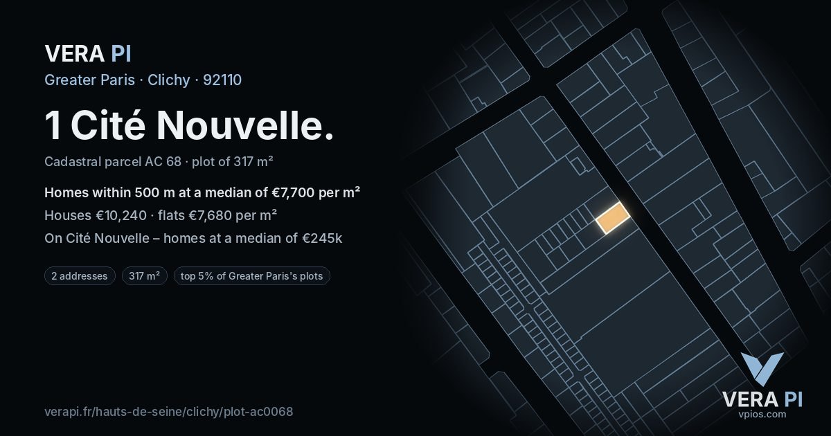 1 Cité Nouvelle, Clichy at night – the plot lit, the parcels around coloured by the prices near them