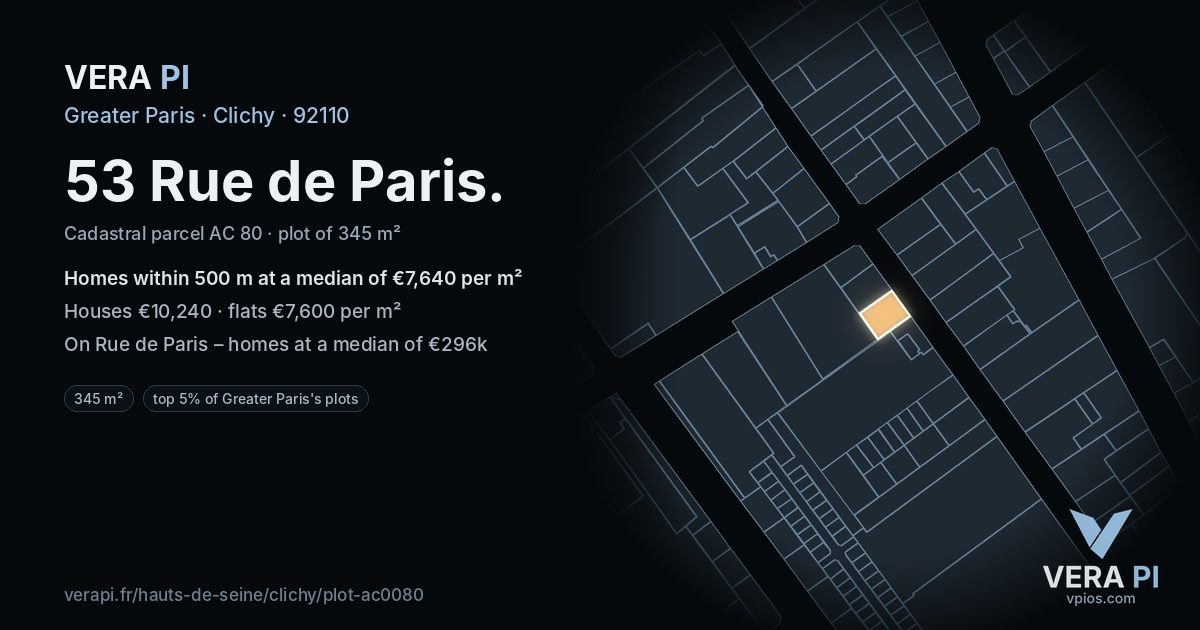 53 Rue de Paris, Clichy at night – the plot lit, the parcels around coloured by the prices near them