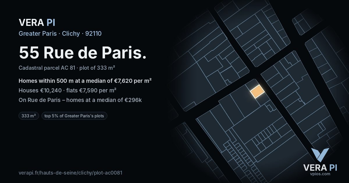 55 Rue de Paris, Clichy at night – the plot lit, the parcels around coloured by the prices near them