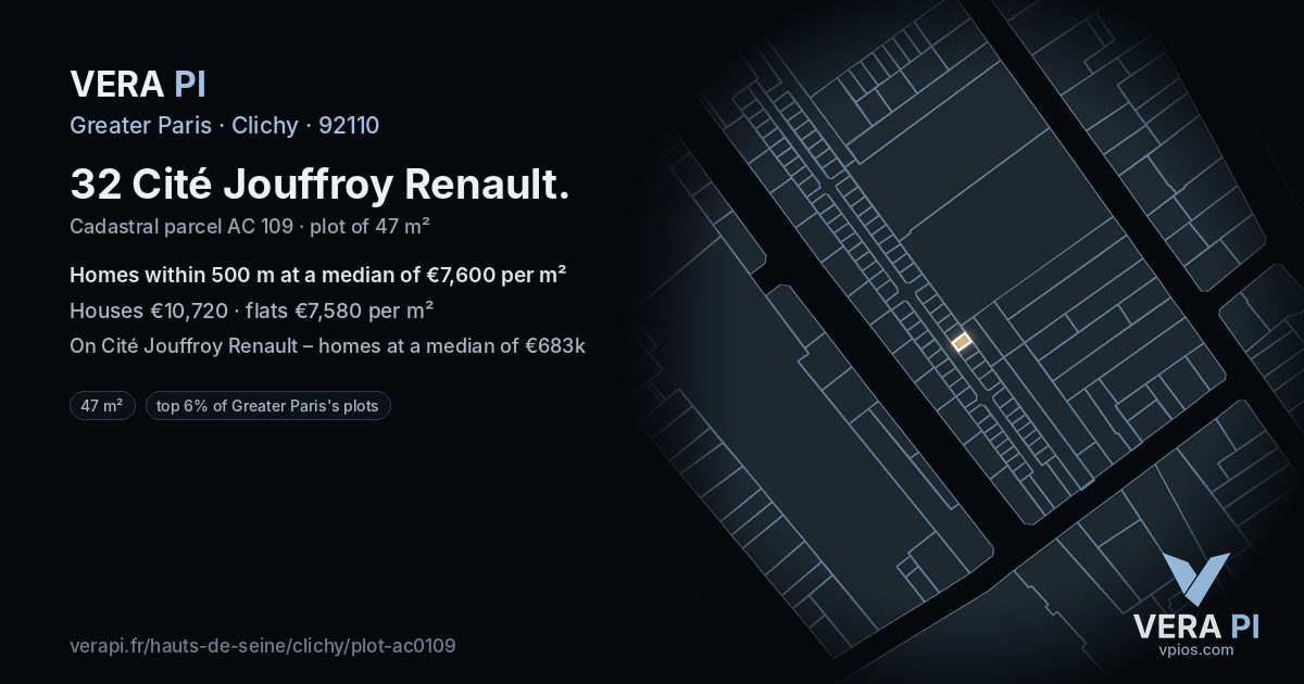 32 Cité Jouffroy Renault, Clichy at night – the plot lit, the parcels around coloured by the prices near them