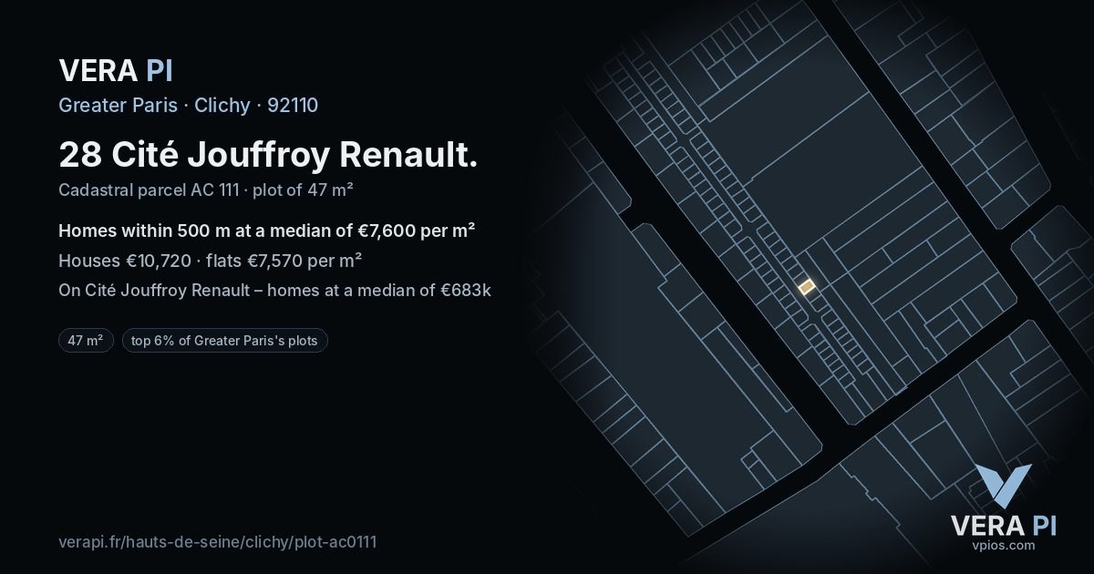 28 Cité Jouffroy Renault, Clichy at night – the plot lit, the parcels around coloured by the prices near them