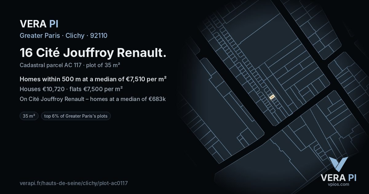 16 Cité Jouffroy Renault, Clichy at night – the plot lit, the parcels around coloured by the prices near them