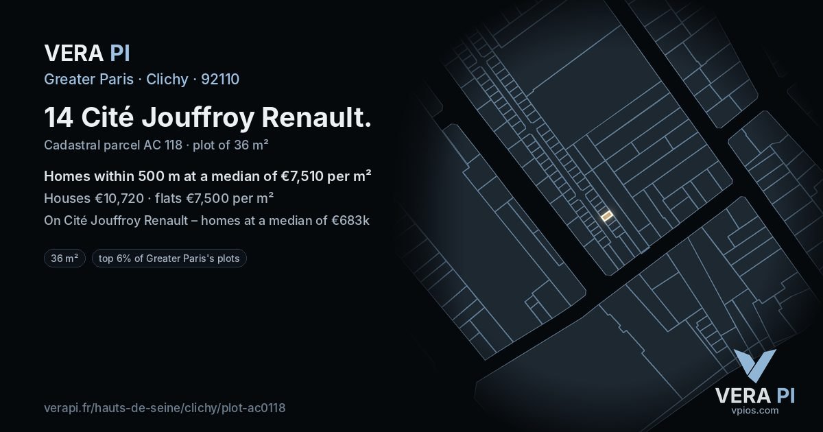 14 Cité Jouffroy Renault, Clichy at night – the plot lit, the parcels around coloured by the prices near them