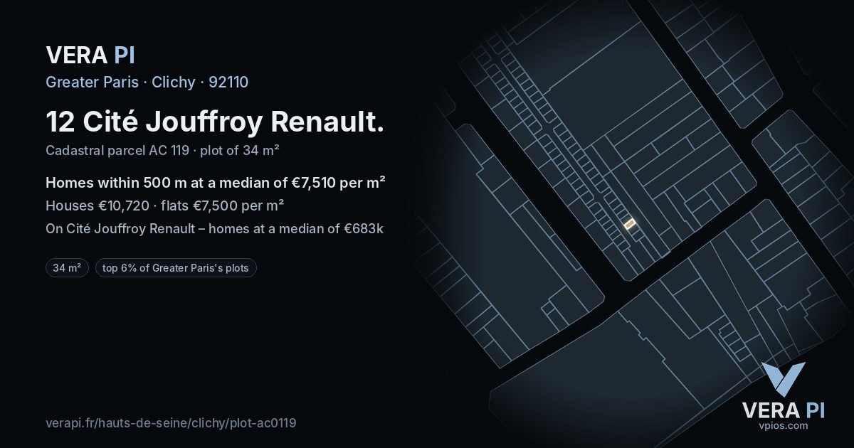 12 Cité Jouffroy Renault, Clichy at night – the plot lit, the parcels around coloured by the prices near them
