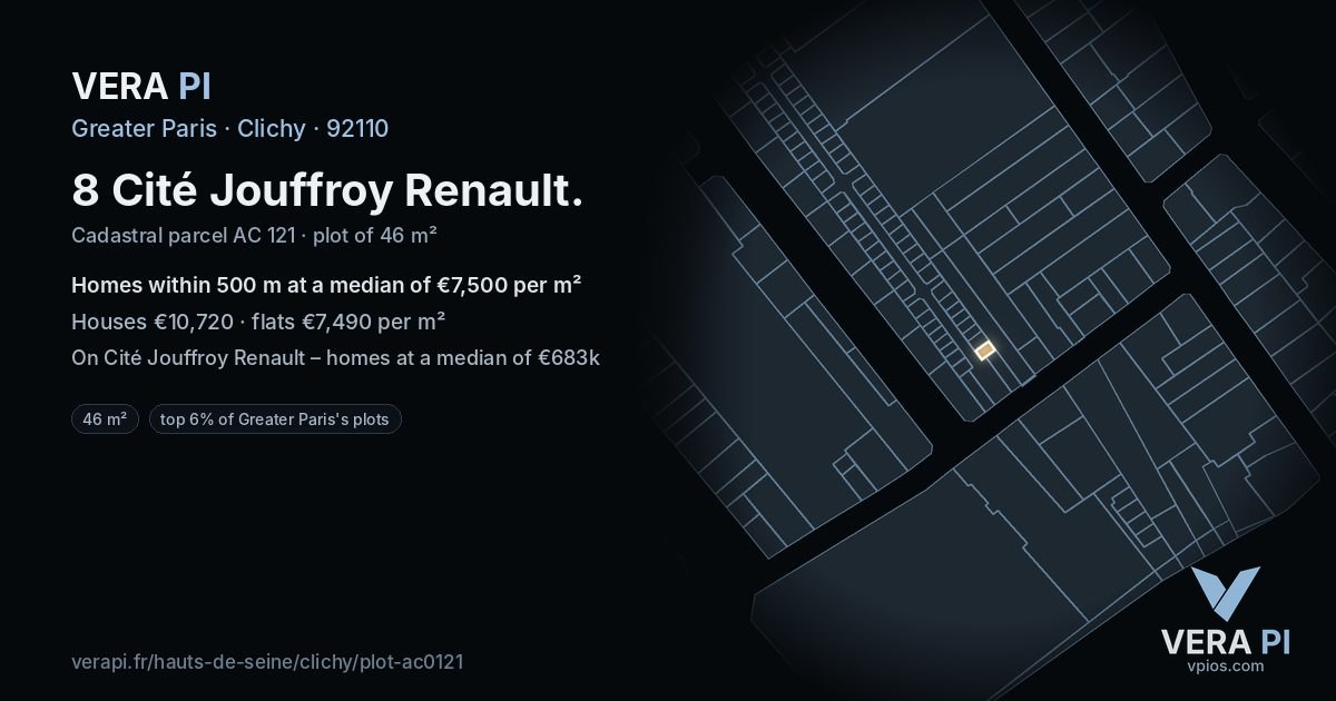 8 Cité Jouffroy Renault, Clichy at night – the plot lit, the parcels around coloured by the prices near them