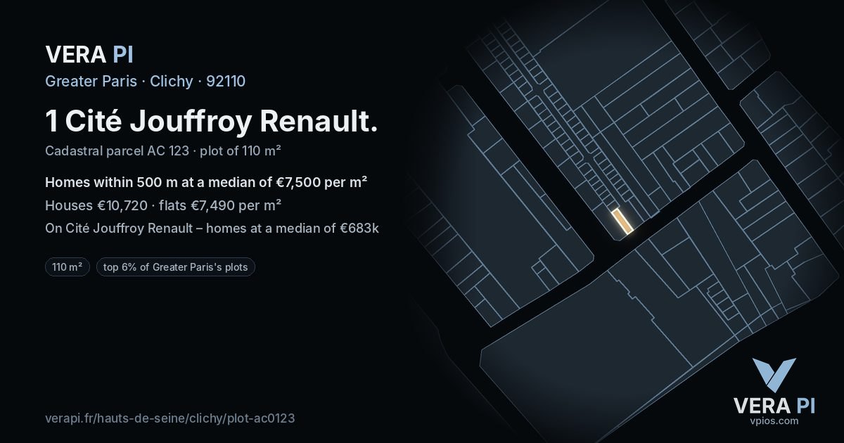 1 Cité Jouffroy Renault, Clichy at night – the plot lit, the parcels around coloured by the prices near them