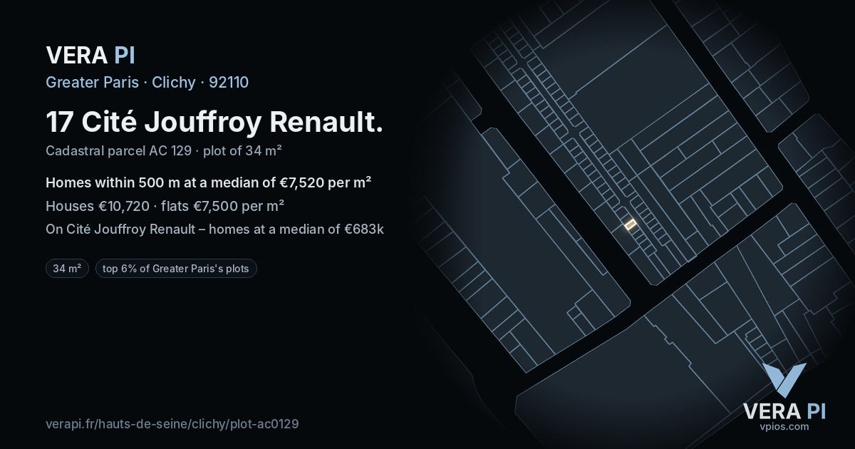 17 Cité Jouffroy Renault, Clichy at night – the plot lit, the parcels around coloured by the prices near them