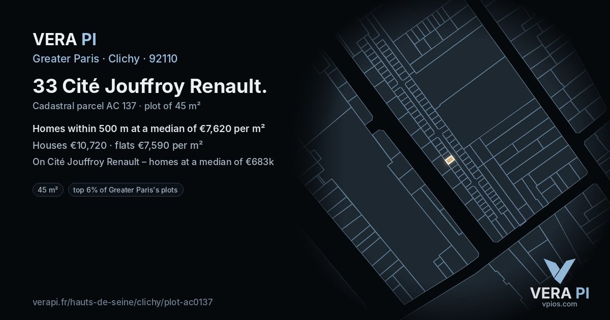 33 Cité Jouffroy Renault, Clichy at night – the plot lit, the parcels around coloured by the prices near them