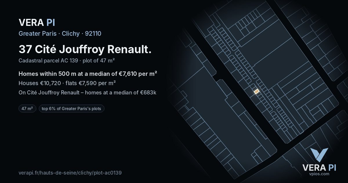 37 Cité Jouffroy Renault, Clichy at night – the plot lit, the parcels around coloured by the prices near them