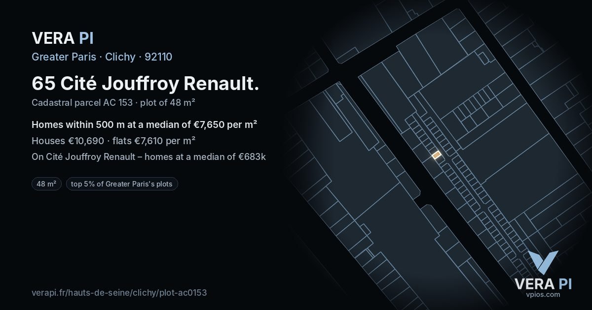 65 Cité Jouffroy Renault, Clichy at night – the plot lit, the parcels around coloured by the prices near them