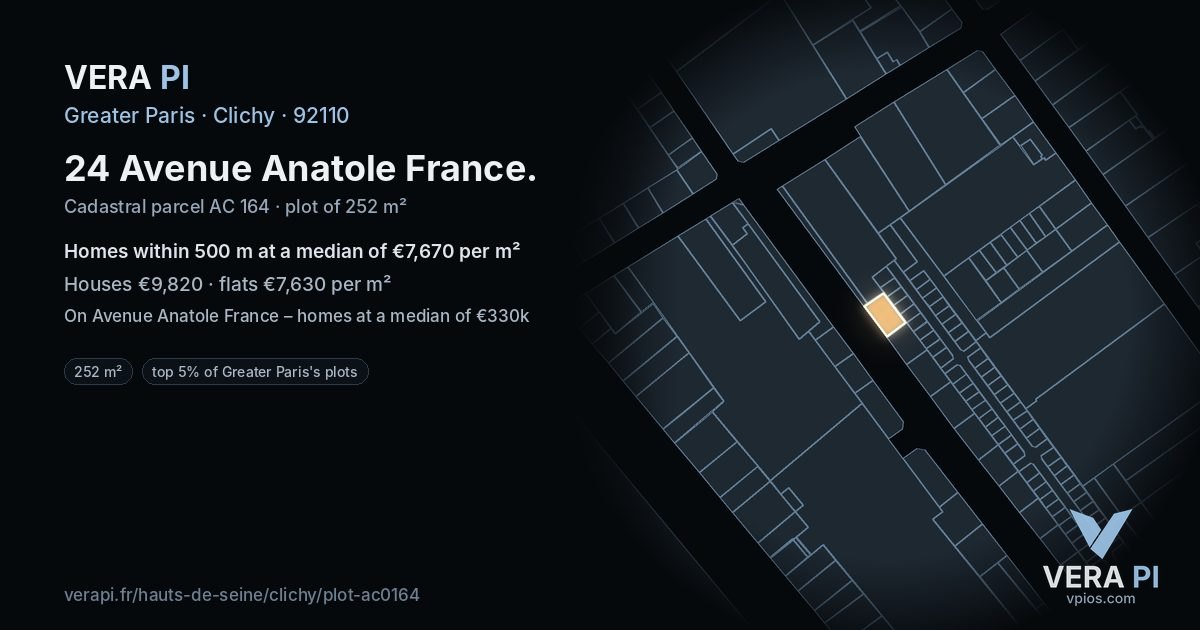 24 Avenue Anatole France, Clichy at night – the plot lit, the parcels around coloured by the prices near them