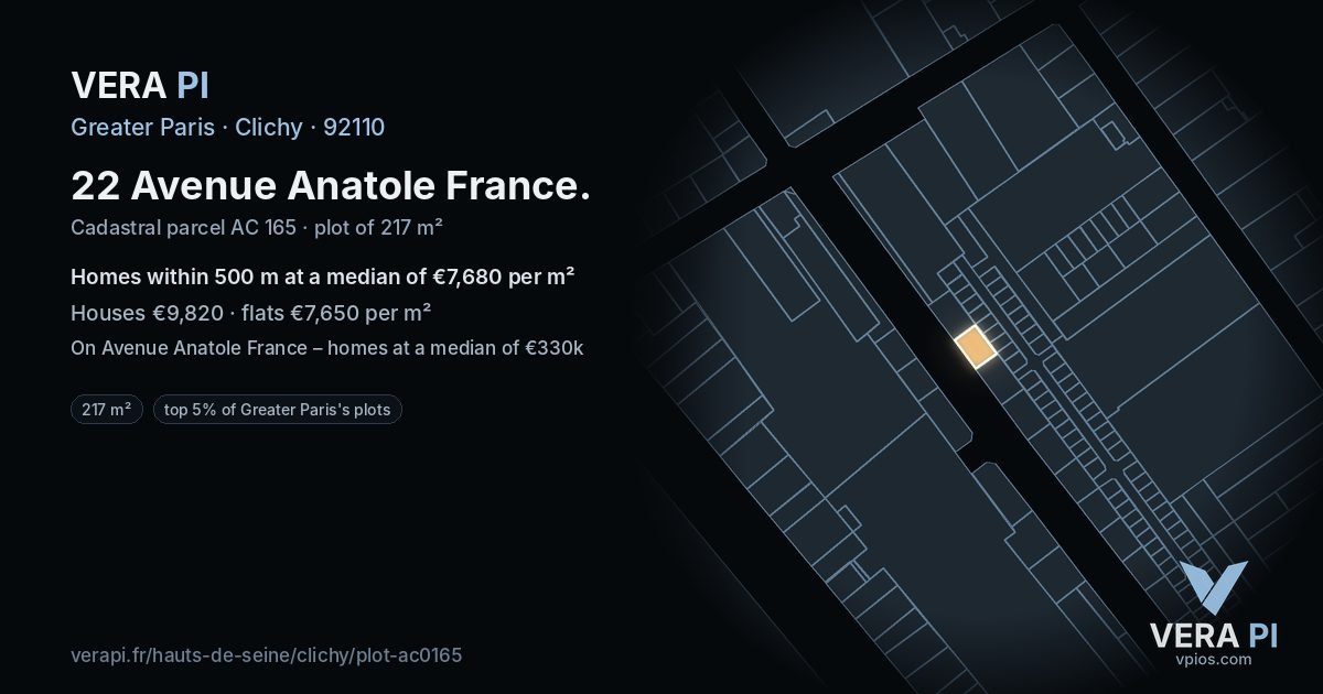22 Avenue Anatole France, Clichy at night – the plot lit, the parcels around coloured by the prices near them