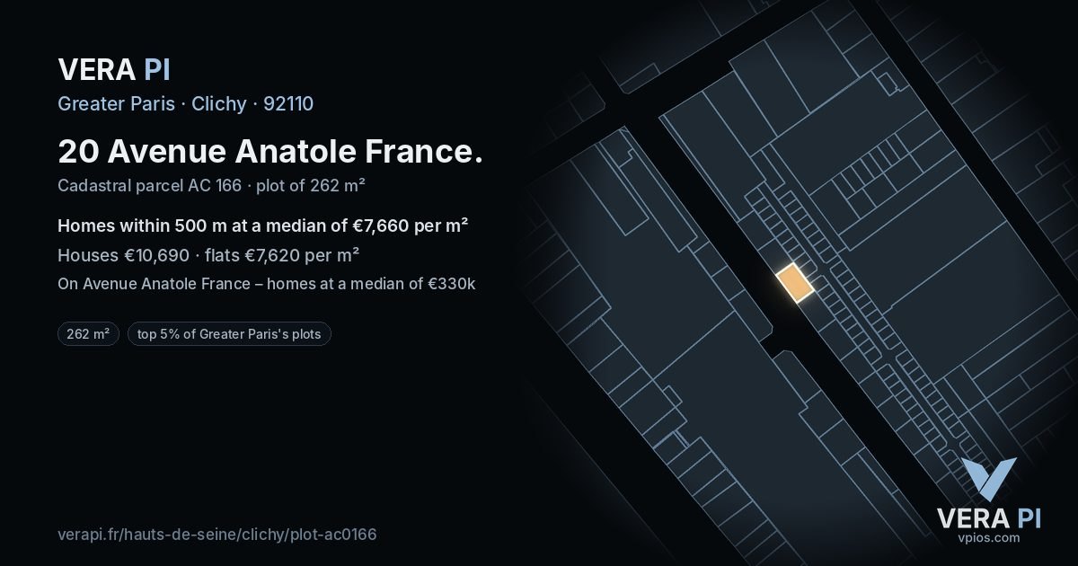 20 Avenue Anatole France, Clichy at night – the plot lit, the parcels around coloured by the prices near them