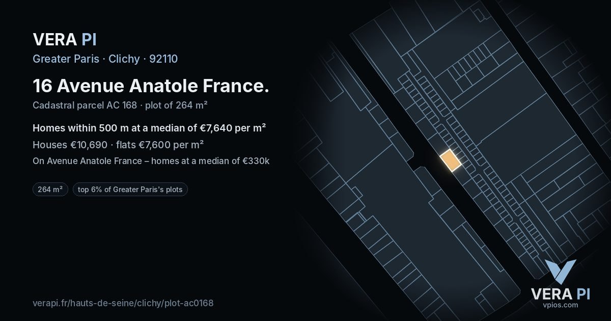 16 Avenue Anatole France, Clichy at night – the plot lit, the parcels around coloured by the prices near them