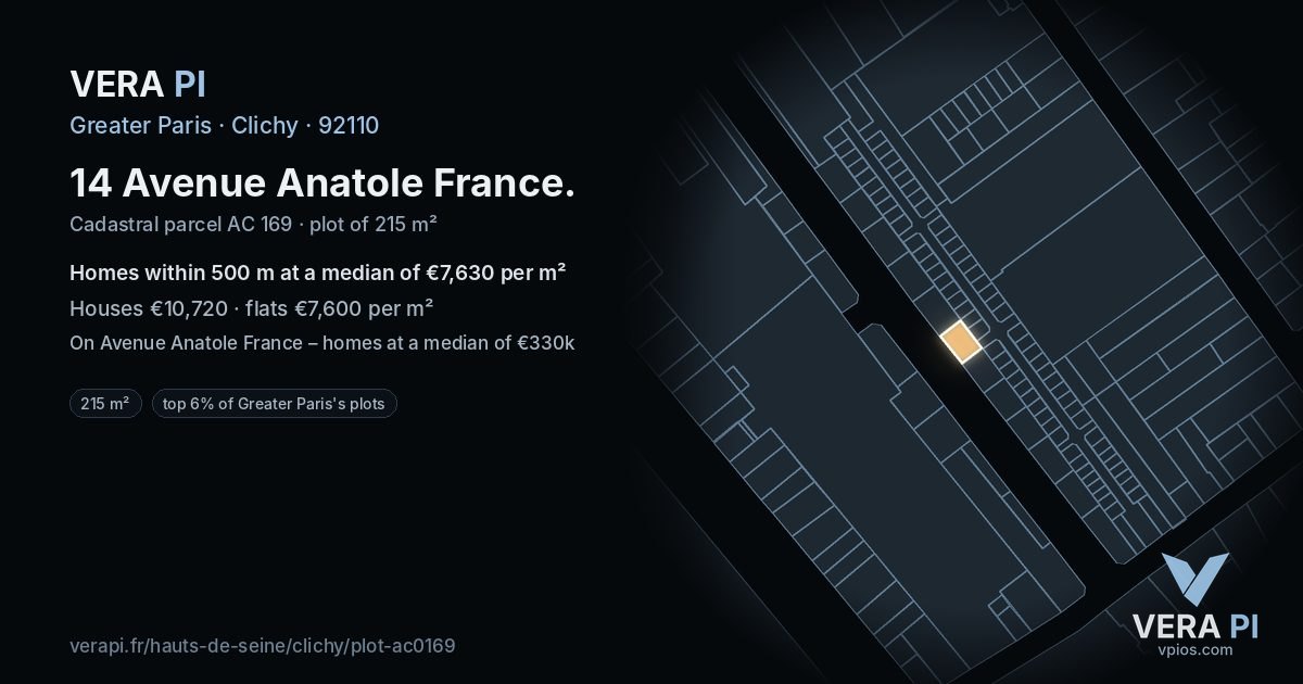 14 Avenue Anatole France, Clichy at night – the plot lit, the parcels around coloured by the prices near them