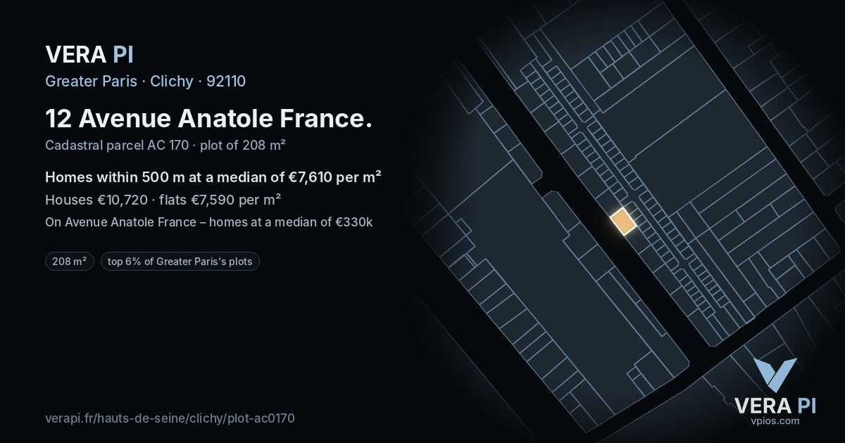 12 Avenue Anatole France, Clichy at night – the plot lit, the parcels around coloured by the prices near them