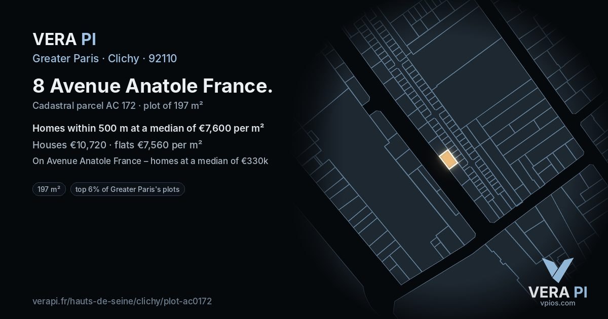 8 Avenue Anatole France, Clichy at night – the plot lit, the parcels around coloured by the prices near them
