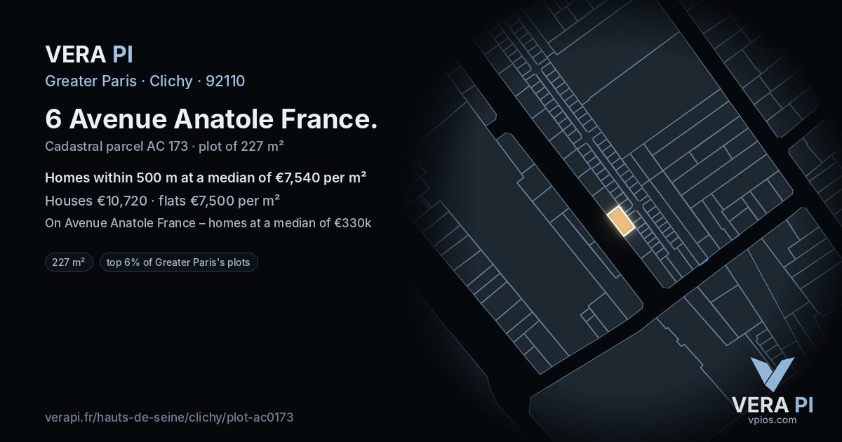 6 Avenue Anatole France, Clichy at night – the plot lit, the parcels around coloured by the prices near them