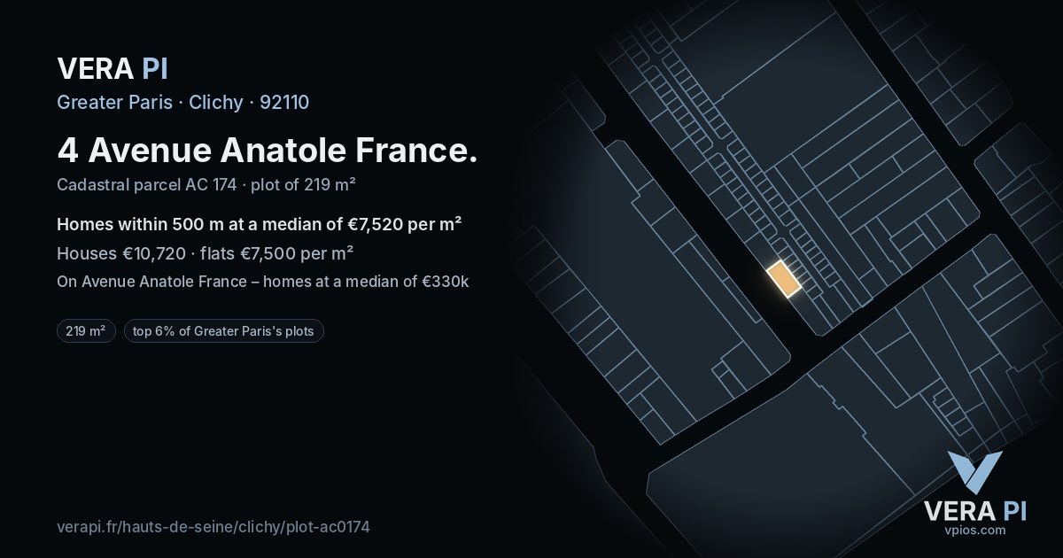 4 Avenue Anatole France, Clichy at night – the plot lit, the parcels around coloured by the prices near them