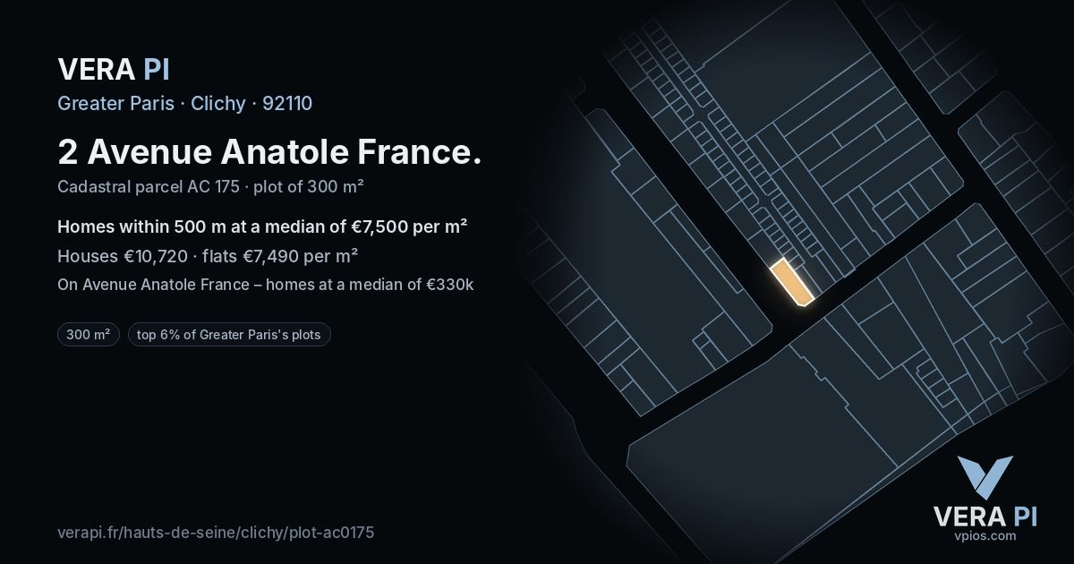 2 Avenue Anatole France, Clichy at night – the plot lit, the parcels around coloured by the prices near them