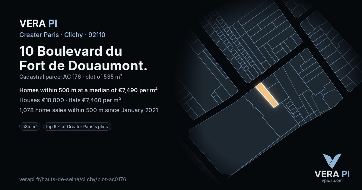 10 Boulevard du Fort de Douaumont, Clichy at night – the plot lit, the parcels around coloured by the prices near them