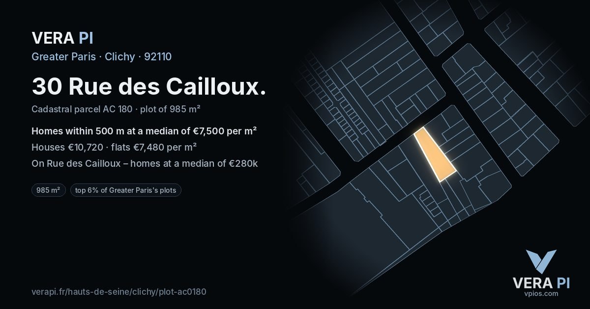 30 Rue des Cailloux, Clichy at night – the plot lit, the parcels around coloured by the prices near them