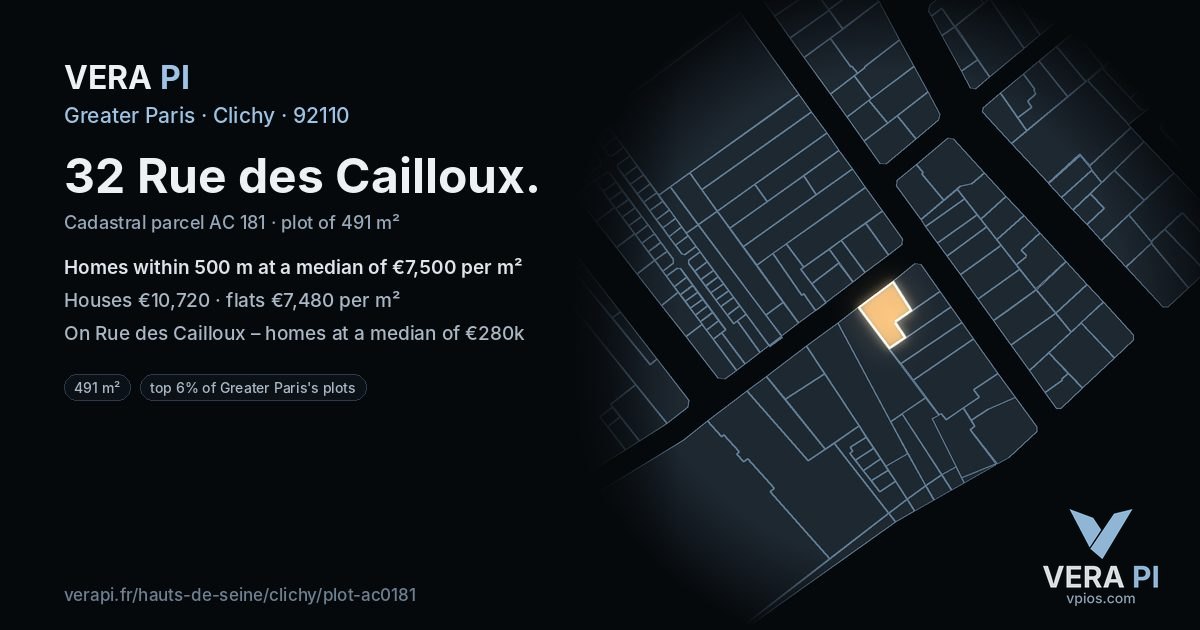 32 Rue des Cailloux, Clichy at night – the plot lit, the parcels around coloured by the prices near them