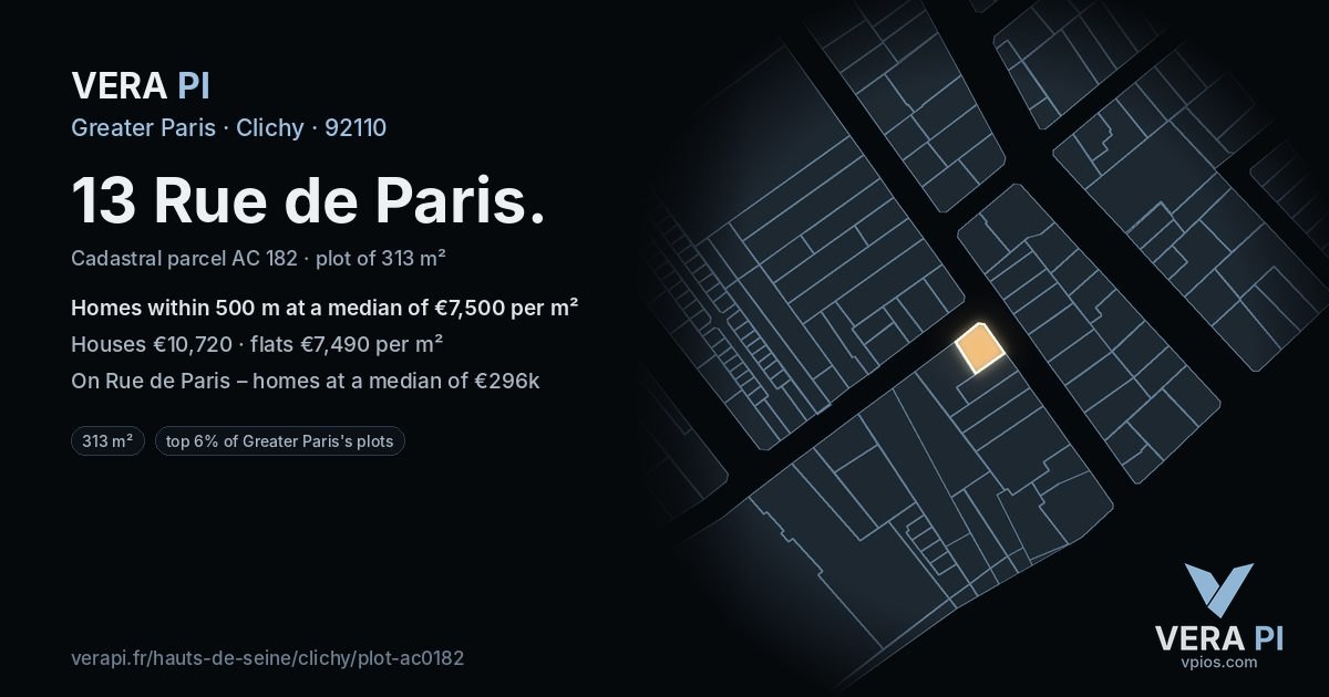 13 Rue de Paris, Clichy at night – the plot lit, the parcels around coloured by the prices near them