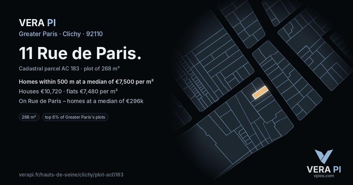 11 Rue de Paris, Clichy at night – the plot lit, the parcels around coloured by the prices near them