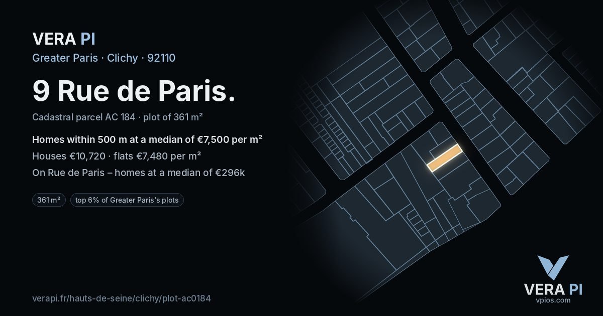 9 Rue de Paris, Clichy at night – the plot lit, the parcels around coloured by the prices near them